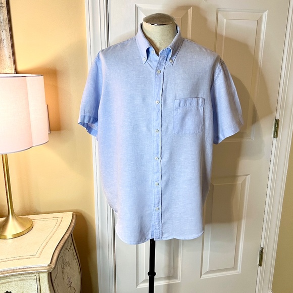 EUC Brooks Brothers Regular Fit Blue Short Sleeve Linen Button Down Shirt XL - Picture 2 of 3